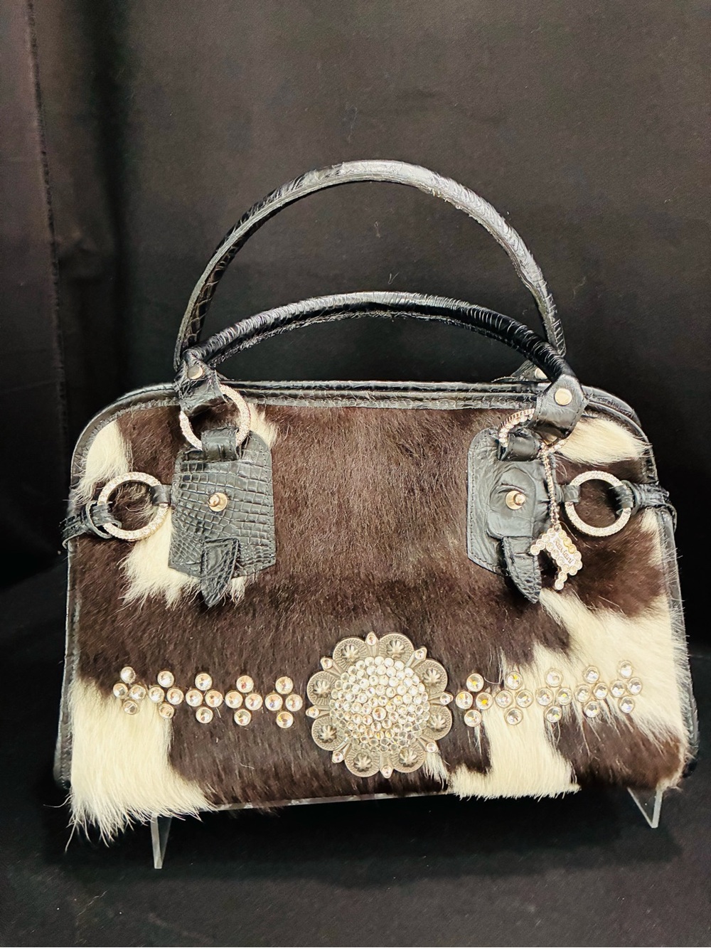 Raviani Brown and White Haircalf Satchel with Crystal Medallion VTG Y2K Cowgirl